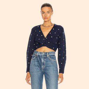 NWOT Self-Portrait Diamante Diamond Front Twist Cropped Sweater Navy Blue Sz S